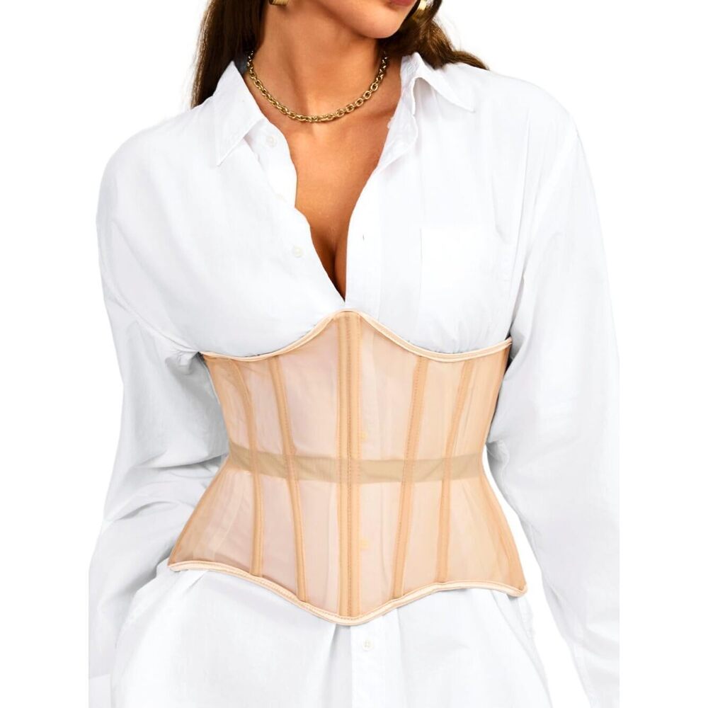1049 Underbust Corset Belt  Mesh Lace Up Boned Waist Cincher